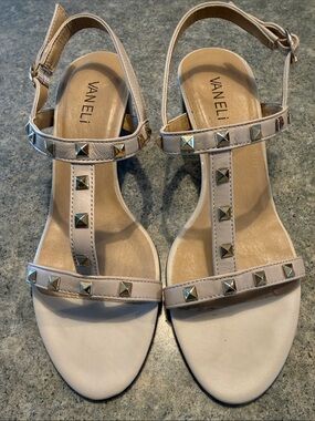 Vaneli Beige Studded T-Strap Sandals